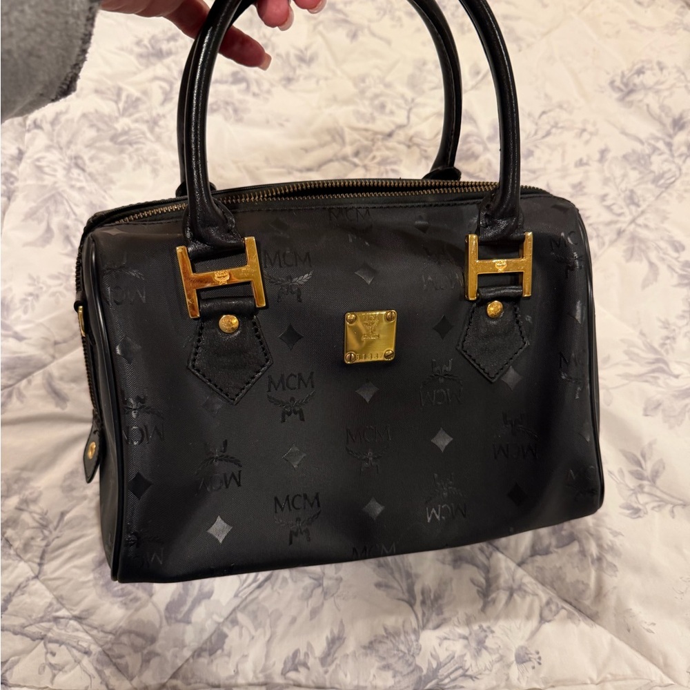 MCM Black Satchel Boston Bag with Gold Hardware